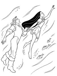 John Smith a Pocahontas ve vodě