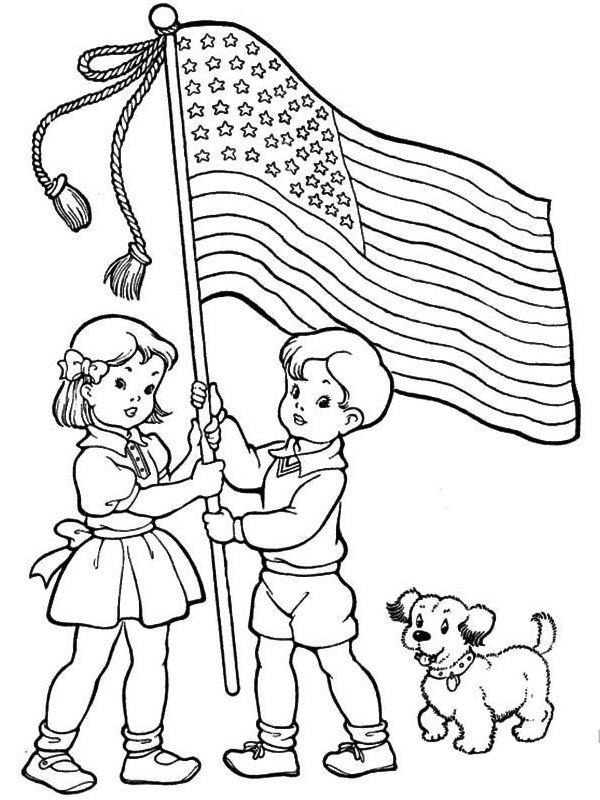Americká vlajka v rukou dětí omalovánka