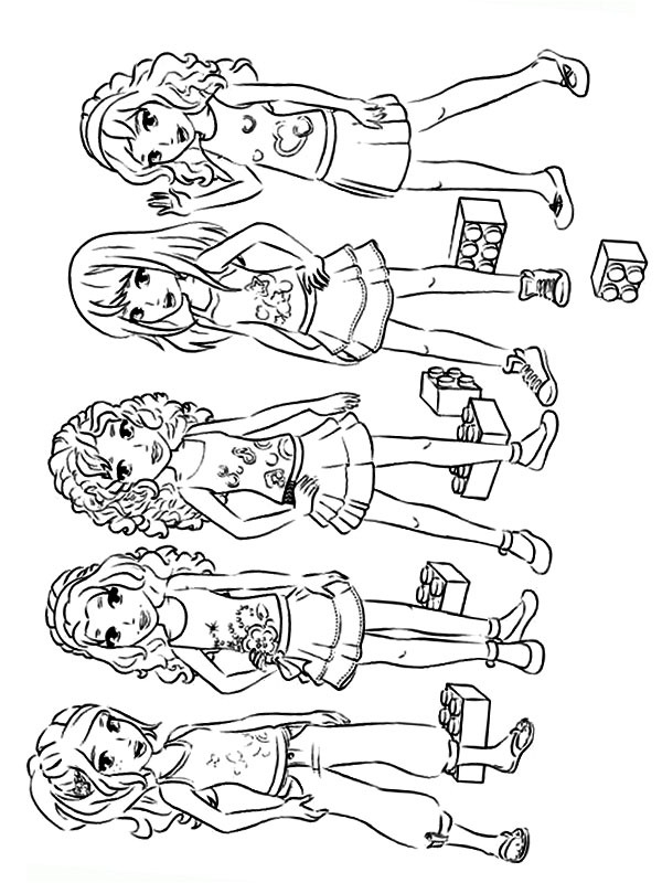 Andrea, Emma, Mia, Olivia a Stephanie Lego friends omalovánka Andrea, Emma, Mia, Olivia a Stephanie Lego friends omalovánka