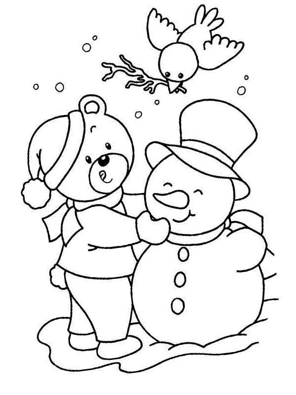 Medvěd staví sněhuláka omalovánka