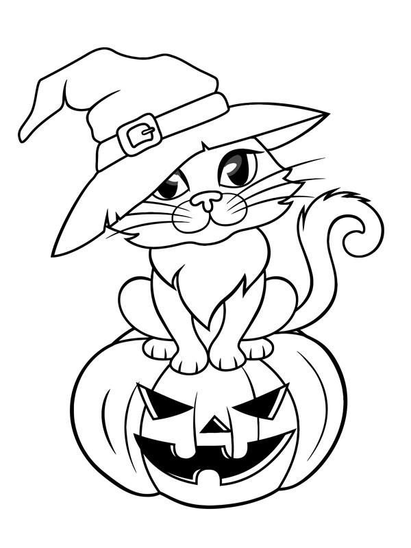 Halloweenská kočka v kouzelnické čepici omalovánka Halloweenská kočka v kouzelnické čepici omalovánka
