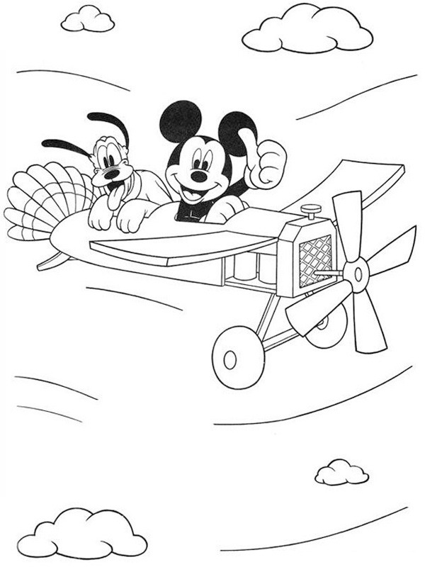 Mickey Mouse a Pluto v letadle omalovánka