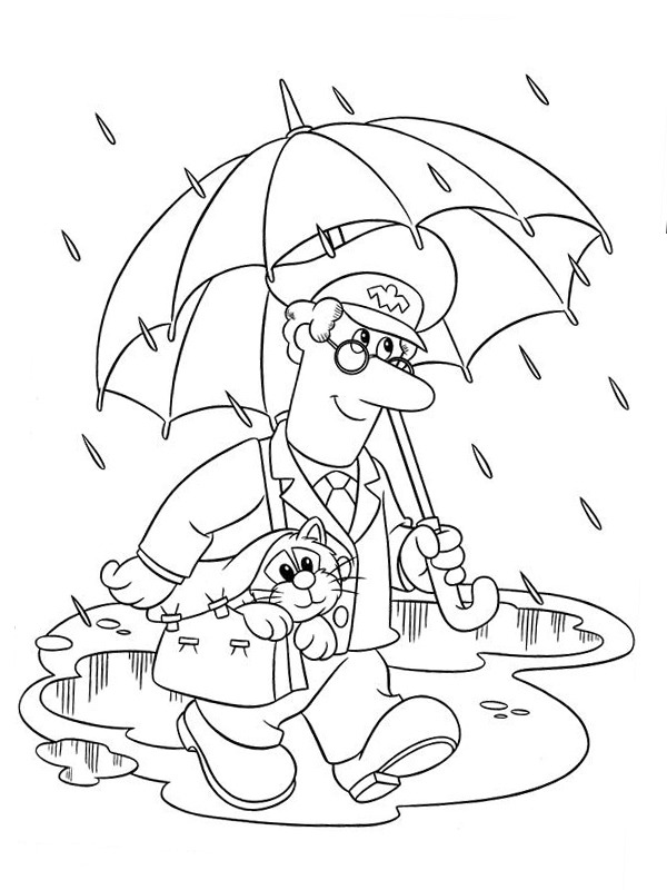 Pošťák Pat v dešti omalovánka