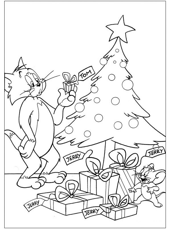Tom a Jerry před vánočním stromečkem omalovánka Tom a Jerry před vánočním stromečkem omalovánka